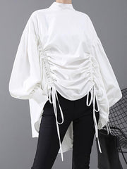 Drawstring Cropped Loose Stand Collar Shirt