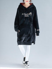 Loose Velvet Embroidered Split-Side Hoodie