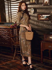 Stand-Up Neckline, High Slit, Seven-Part Sleeve Lace Cheongsam Maxi Dress