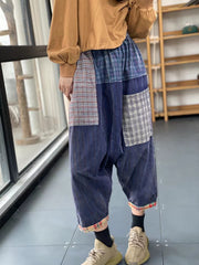 Retro Literary Contrast Color Patch Plaid Casual Pants