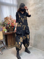 Retro Loose Printed Jumpsuit With Big Pocket