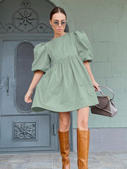 Women Solid Color Puff Sleeve Round Neck Loose Dress