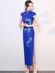 Blue Flower Side Split Long Cheongsam