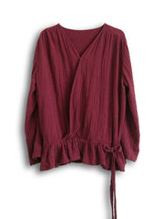Original Design V-Neck Solid Color Loose Ruffled Lace-Up Top