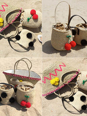 Cherry FurBall Pendant Straw Weaving Tote Bag