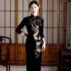 Vintage Stand Up Collar Black Seven Part Sleeve Cheongsam Maxi Dress