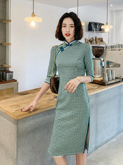 Stand Collar Slash Checkered Cheongsam With Low Slit Midi Dress