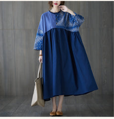 Women Retro Print Stitching Loose Dress