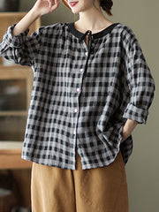 Casual Round Neck Long Sleeve Plaid Shirt