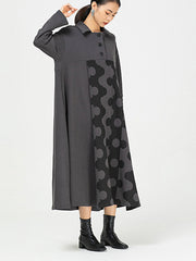 Polka-Dot Lapel Loose Midi Dress