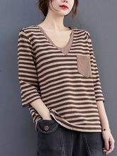 Loose V-Neck Striped Casual T-Shirt