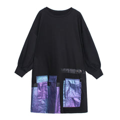 Women Stitching Big Pocket Long Sleeve Dress