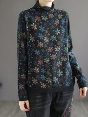 Women Retro High Collar Printed Loose Bottoming Sweater