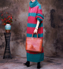 Lapel Color-Blocking Striped Knitted Sweater Dress