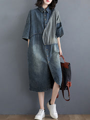 Retro Patch Mid-Length Denim Dress