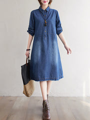 Women Solid Color Casual Denim Shirt Dress