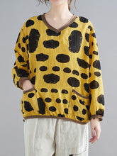 Women Long Sleeve Loose Polka Dot V-Neck Printed T-Shirt