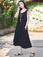 Burgundy&Black Ramie Cotton Sleeveless Long Dress
