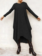 Simple Solid Color Round-Neck Long Sleeves Midi Dress