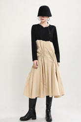 Retro Contrast Color Pleated Long Sleeve Midi Dress