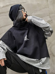 Stitching Color Block Printed High Neck Loose Casual Sweatshirt