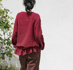 Original Design V-Neck Solid Color Loose Ruffled Lace-Up Top