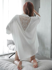 White&Pink Lace-V-Back Silk Imitation Shirt Pajamas