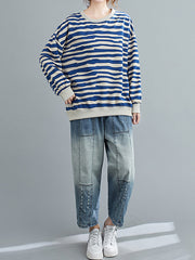 Women Striped Casual Loose Round Neck Contrast Color Pullover Sweatshirt