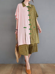 Loose Color Block Shirt Big Pocket Wide Leg Pants Suit