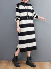 Loose High Neck Wide Striped Knitted Sweater Dress
