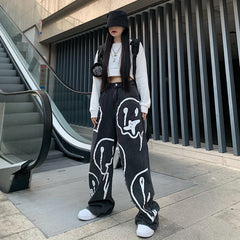 Retro Jeans Print Graffiti Wide-Leg Denim Pants