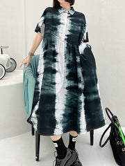 Lapel Loose Looking Thin Retro Tie Dye Casual Dress