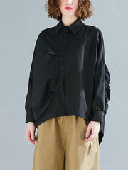 Solid Color Pleated Loose Cropped Hem Shirt