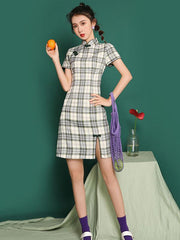 National Plaid Split-Side Short Cheongsams