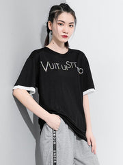Original Letter Print Round-Neeck T-Shirts Tops