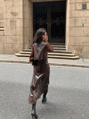 Retro High Waist Solid Color Leather Skirt