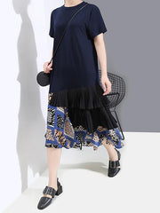Splicing Cropped Floral Round Neck Dress
