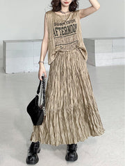 Pleated Asymmetric Round-Neck Letter Print Vest Top + A-Line High Waisted Skirt Two Pieces Set