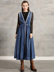 Two-Pieces Vintage Embroidered Jean Turtleneck Dress Set