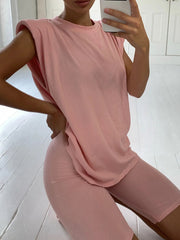 Women Sleeveless Solid Color T-Shirt Casual Suit