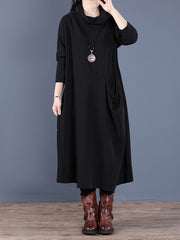 Retro Loose Solid Color Hooded Midi Dress