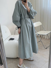 Round-Neck Puff Sleeves Midi Dress