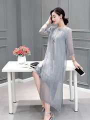 Gray Chinoiserie Traditional Eugenia Midi Dress