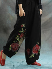 Linen Embroidered Elastic Loose Plus Size Pants