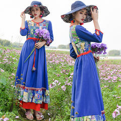 Retro Ethnic Round-Neck Half Sleeve Maxi Dress
