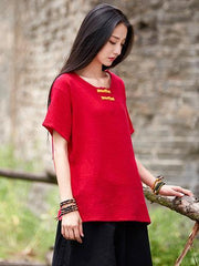 Red&Blue Chinoiserie Frog Round-neck Ramie Cotton T-shirt