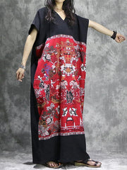 National Printed Black&Red Ramie Cotton Long Dress
