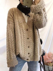 Knitting V-neck Solid Loose Cardigan Outwear