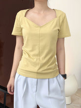 Women Casual Square Collar Solid Color Shor Sleeve T-Shirt