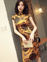 Printed Fashionable Slim Fit Clashing Short Sleeve Cheongsam Midi Dress